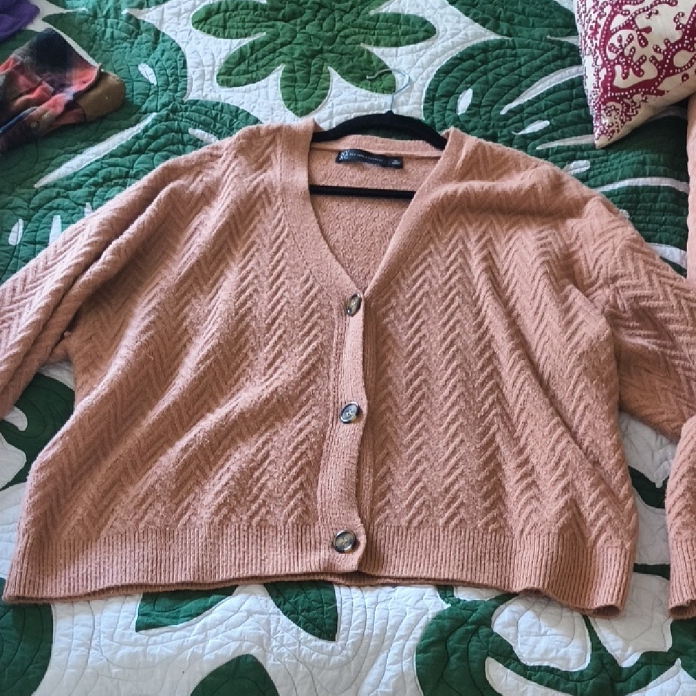 New York & Company Tan Cropped Cardigan Sweater